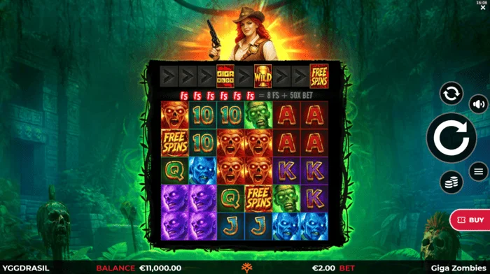 Giga Zombies - skrin permainan dengan gelendong 6x5